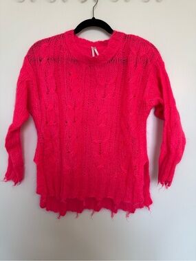 Anthropologie Neon Pink Distressed Cable-Knit Crewneck Sweater
